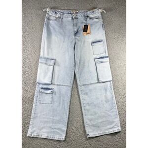 Love Cult Cargo Pants Women 1X 36x29.5 Wide Leg‎ Stretch Utility Denim Jeans NWT